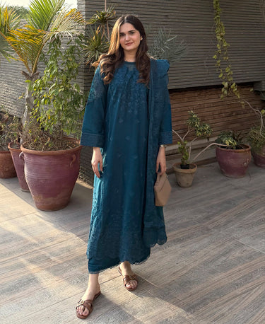 3 Piece Cotton Embroidered Dress - Teal Whisper